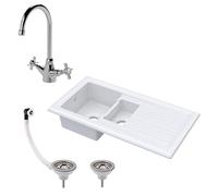Balterley Ceramic Kitchen Sink with Drainer, Mixer Tap, Waste with Overflow, 101cm Inset Counter Top, 1.5 Reversible Double Bowl Fireclay White Sink with Mono Crosshead Tap (White/Chrome)