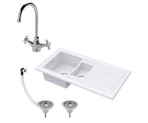 Balterley Ceramic Kitchen Sink with Drainer, Mixer Tap, Waste with Overflow, 101cm Inset Counter Top, 1.5 Reversible Double Bowl Fireclay White Sink with Mono Crosshead Tap (White/Chrome)