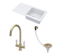 Balterley Ceramic Kitchen Sink with Drainer, Mixer Tap, Waste with Overflow, 101cm Inset Counter Top, Reversible Single Bowl Fireclay White Sink with Mono Lever Tap (White/Brushed Brass)