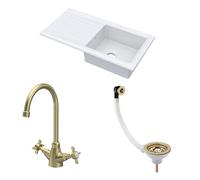 Balterley Ceramic Kitchen Sink with Drainer, Mixer Tap, Waste with Overflow, 101cm Inset Counter Top, Reversible Single Bowl Fireclay White Sink with Mono Crosshead Tap (White/Brushed Brass)