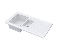 Balterley Ceramic Kitchen Sink with Drainer & Overflow Hole, 101cm Bowl Inset Fireclay White Kitchen Sink, 1.5 Double Bowl Reversible Sinks with Grooved Drainer - 1010 x 525 x 235mm (White)