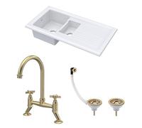 Balterley Ceramic Kitchen Sink with Drainer, Tap, Waste with Overflow, 101cm Inset Counter Top, 1.5 Double Bowl Fireclay White Sink with Bridge Crosshead Tap, Reversible Sinks (White/Brushed Brass)