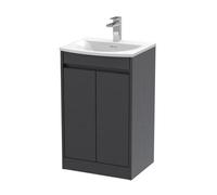 Chartley Contemporary Floor Standing 2 Door Vanity Basin Unit, Curved Basin, 500mm, Woodgrain Graphite Grey