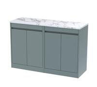 Chartley Contemporary Floor Standing 4 Door Vanity Unit with Carrera Marble Laminate Worktop, 1200mm, Coastal Grey