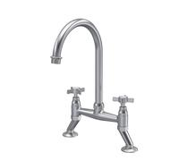 Balterley Kitchen Tap with Dual Crosshead Handles, Bridge Kitchen Mixer Tap, Brushed Nickel Bridge Mixer Taps for Sink, Round Base with Curved Spout Taps for Sink - 235 x 200 x 510mm (Brushed Brass)