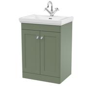Traditional Floor Standing 2 Door Vanity Unit with 1 Tap Hole Fireclay Basin, 600mm - Satin Green
