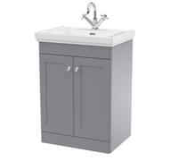 Balterley Classic Traditional Bathroom Floor Standing 2-Door Vanity Unit & Fireclay Basin, Satin Grey, 600mm