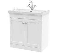 Traditional Floor Standing 2 Door Vanity Unit with 1 Tap Hole Fireclay Basin, 800mm - Satin White