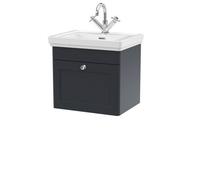Traditional Wall Hung 1 Drawer Vanity Unit with 1 Tap Hole Fireclay Basin, 500mm - Soft Black