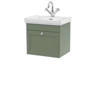 Traditional Wall Hung 1 Drawer Vanity Unit with 1 Tap Hole Fireclay Basin, 500mm - Satin Green