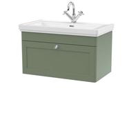 Traditional Wall Hung 1 Drawer Vanity Unit with 1 Tap Hole Fireclay Basin, 800mm - Satin Green