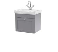 Traditional Wall Hung 1 Drawer Vanity Unit with 1 Tap Hole Fireclay Basin, 500mm - Satin Grey