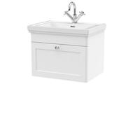 Balterley Classic Traditional Bathroom Wall Hung 1-Drawer Vanity Unit & Fireclay Basin, Satin White, 600mm