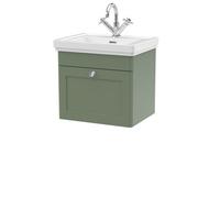 Balterley Classique Traditional Bathroom Wall Hung 1-Drawer Vanity Unit & Fireclay Basin, Satin Green, 500mm