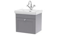 Balterley Classique Traditional Bathroom Wall Hung 1-Drawer Vanity Unit & Fireclay Basin, Satin Grey, 500mm