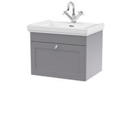 Balterley Classique Traditional Bathroom Wall Hung 1-Drawer Vanity Unit & Fireclay Basin, Satin Grey, 600mm
