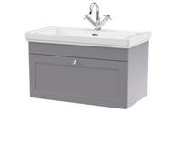 Balterley Classique Traditional Bathroom Wall Hung 1-Drawer Vanity Unit & Fireclay Basin, Satin Grey, 800mm