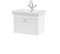 Balterley Classique Traditional Bathroom Wall Hung 1-Drawer Vanity Unit & Fireclay Basin, Satin White, 600mm