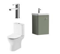 Balterley Vanity Unit with Basin, Toilet Pan, Seat, Cistern, Mixer Tap, Wall Hung Single Door Soft Close Vanity Unit, Toilet Pan with Soft Close Seat, Mono Basin Mixer Tap (Green/Chrome)