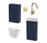 Cloakroom Suite - Left Hand 440mm Vanity, WC Unit, Toilet and Tap - Blue/Brass