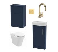 Cloakroom Suite - Right Hand 440mm Vanity, WC Unit, Toilet and Tap - Blue/Brass