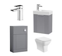 Balterley Vanity Unit with Basin, Handle, Toilet Pan, Seat, Water Closet & Mixer Tap, Wall Hung Single Door Soft Close Vanity Unit, Toilet Pan with WC Unit & Flush, Mono Basin Mixer Tap (Grey/Chrome)
