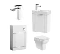 Cloakroom Suite - Fluted Wall Hung Vanity, WC, Toilet and Tap - White/Chrome