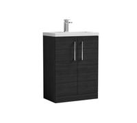 Compact Floor Standing 2 Door Vanity Basin Unit with Ceramic Basin - 600mm - Woodgrain Charcoal Black