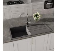 Balterley Composite Kitchen Sink with Drainer & Overflow Hole, 100cm Bowl Inset Grey Kitchen Sink, 1.5 Double Bowl Reversible Composite Sinks with Grooved Drainer - 1000 x 500 x 200mm (Grey)
