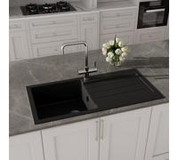 Balterley Composite Kitchen Sink with Drainer & Overflow Hole, 100cm Bowl Inset Black Kitchen Sink, 1.5 Double Bowl Reversible Sinks with Grooved Drainer - 1000 x 500 x 200mm (Dark Grey)