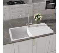 Balterley Composite Kitchen Sink with Drainer & Overflow Hole, 100cm Bowl Inset White Kitchen Sink, 1.5 Double Bowl Reversible Sinks with Grooved Drainer - 1000 x 500 x 200mm (White)
