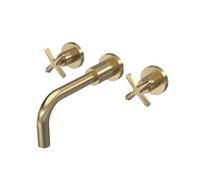 Balterley Connect Wall Mount 3 Tap Hole Basin Mixer Tap With Dual Crosshead Handles & Curved Spout - Brushed Brass Finish