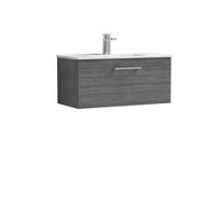 Balterley Level Contemporary Bathroom 1 Soft Close Drawer & Minimalist Wall Hung Vanity Unit Basin, Anthracite Woodgrain, 800mm
