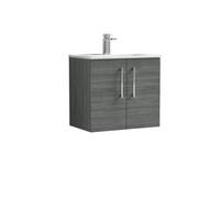 Balterley Contemporary Bathroom 2 Soft Close Door & Minimalist Wall Hung Vanity Unit Basin, Anthracite Woodgrain, 600mm