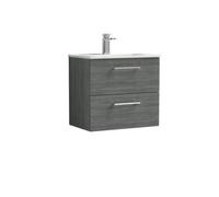 Balterley Level Contemporary Bathroom 2 Soft Close Drawer & Minimalist Wall Hung Vanity Unit Basin, Anthracite Woodgrain, 600mm