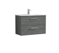 Balterley Level Contemporary Bathroom 2 Soft Close Drawer & Minimalist Wall Hung Vanity Unit Basin, Anthracite Woodgrain, 800mm