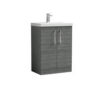 Balterley Contemporary Bathroom Floor Standing 2 Soft-Close Door Vanity Unit & Mid-Edge Ceramic Basin, Anthracite Woodgrain, 600mm in Grey Balterley Grey