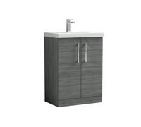 Balterley Contemporary Bathroom Floor Standing 2 Soft-Close Door Vanity Unit & Mid-Edge Ceramic Basin, Anthracite Woodgrain, 600mm