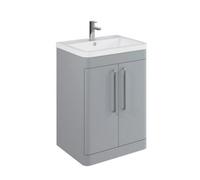 Balterley Contemporary Bathroom Floor Standing Vanity Unit With 2 Soft Close Doors & 1 Tap Hole Ceramic Basin, Satin Grey, 600mm