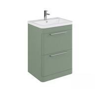 Balterley Contemporary Bathroom Floor Standing Vanity Unit With 2 Soft Close Drawers & 1 Tap Hole Ceramic Basin, Satin Green 600mm