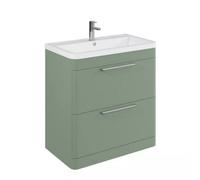 Balterley Contemporary Bathroom Floor Standing Vanity Unit With 2 Soft Close Drawers & 1 Tap Hole Ceramic Basin, Satin Green 800mm