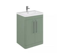 Balterley Contemporary Bathroom Floor Standing Vanity With 2 Soft Close Doors & 1 Tap Hole Polymarble Basin, Satin Green, 600mm