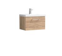 Balterley Contemporary Bathroom Wall Hung 1 Soft-Close Drawer Vanity Unit with Mid-Edge Ceramic Basin, Bleached Oak, 600 mm in Brown Balterley Brown