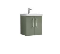 Balterley Level Modern Bathroom 2 Soft Close Door & Mid-Edge Wall Hung Vanity Unit Basin, Satin Green, 500mm