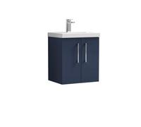 Balterley Level Modern Bathroom Wall Hung 2 Door Vanity & Mid-Edge Ceramic Basin, Midnight Blue, 500mm