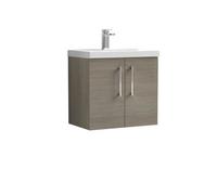 Balterley Contemporary Bathroom Wall Hung 2 Soft-Close Door Vanity Unit & Mid-Edge Ceramic Basin, Solace Oak, 600 mm