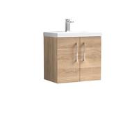 Balterley Contemporary Bathroom Wall Hung 2 Soft-Close Door Vanity Unit with Mid-Edge Ceramic Basin, Bleached Oak, 600 mm in Brown Balterley Brown