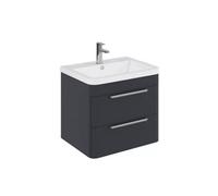 Balterley Contemporary Bathroom Wall Hung Vanity Unit With 2 Soft Close Drawers & 1 Tap Hole Ceramic Basin, Dark Grey, 600mm