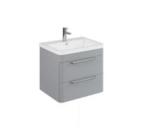 Balterley Contemporary Bathroom Wall Hung Vanity Unit With 2 Soft Close Drawers & 1 Tap Hole Ceramic Basin, Satin Grey, 600mm