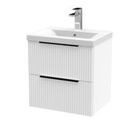 Balterley Contemporary Fluted Front Wall Hung 2-Drawer Bathroom Vanity Unit With 1 Tap Hole Basin, 500mm, Satin White, Black Handles
